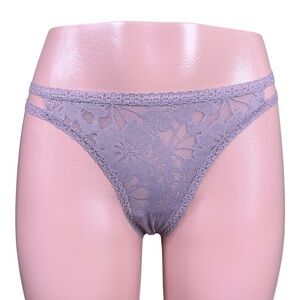 Victoria's Secret PINK Double Strap Floral‎ Lace Purple Gray Thong Panty Medium